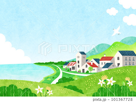 海辺の街の風景 自然あふれる水彩背景イラスト 101367728