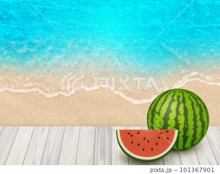 夏の青い海と白い砂浜の夏スイカ 101367901
