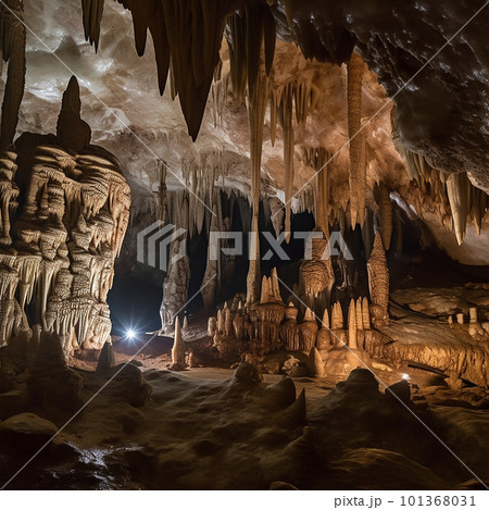 Beautiful mysterious karst cave, stalactites, stalagmites, calcareous outgrowths and scenery, unusual landscape 101368031