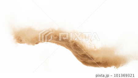 Small size fine Sand flying explosion, Golden grain wave explode. Abstract cloud fly. Yellow colored sand splash silica in Air. White background Isolated high speed shutter, throwing freeze shot Small size fine Sand flying explosion, Golden grain wave explode. Abstract cloud fly. Yellow colored sand splash silica in Air. White background Isolated high speed shutter, throwing freeze shot 101369321