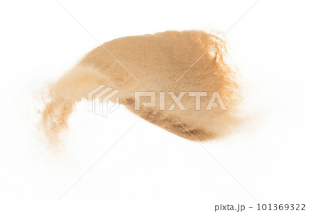 Small size fine Sand flying explosion, Golden grain wave explode. Abstract cloud fly. Yellow colored sand splash silica in Air. White background Isolated high speed shutter, throwing freeze shot Small size fine Sand flying explosion, Golden grain wave explode. Abstract cloud fly. Yellow colored sand splash silica in Air. White background Isolated high speed shutter, throwing freeze shot 101369322