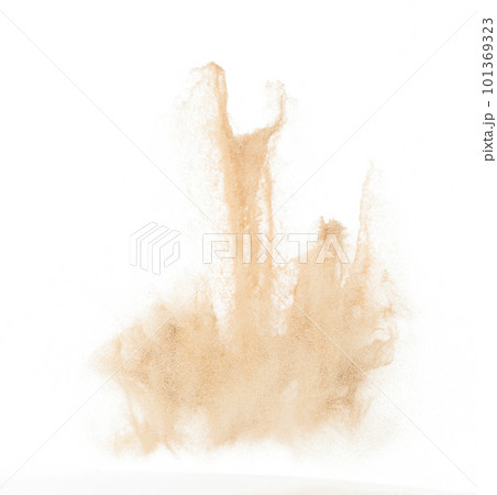 Small Fine size Sand flying explosion, Golden grain wave explode. Abstract cloud fly. Yellow colored sand splash throwing in Air. White background Isolated high speed shutter, throwing freeze stop 101369323