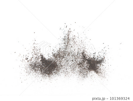 Black dried leave Tea explode. Small Fine size tea leaf flying explosion, Abstract cloud fly. Brown colored Teas splash throwing in Air. White background Isolated high speed shutter, throwing freeze Black dried leave Tea explode. Small Fine size tea leaf flying explosion, Abstract cloud fly. Brown colored Teas splash throwing in Air. White background Isolated high speed shutter, throwing freeze 101369324