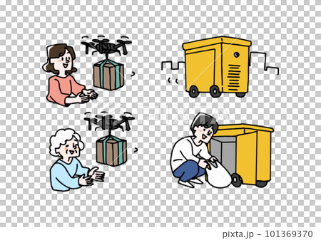 Illustration set of people who receive packages with new delivery methods Illustration set of people who receive packages with new delivery methods 101369370