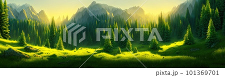 Panoramic view of big mountains, beautiful green meadows with coniferous trees. Flat cartoon landscape with nature. Summer spring landscape. Travel posters. Natural park forest outdoor background Panoramic view of big mountains, beautiful green meadows with coniferous trees. Flat cartoon landscape with nature. Summer spring landscape. Travel posters. Natural park forest outdoor background 101369701