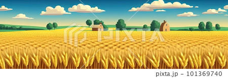 ears of wheat. Farm field. For package. Barley illustration in vintage style. Wheat grain. Summer landscape with a field of ripe wheat, hills and lobes in the background. Raster illustration. ears of wheat. Farm field. For package. Barley illustration in vintage style. Wheat grain. Summer landscape with a field of ripe wheat, hills and lobes in the background. Raster illustration. 101369740