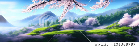 spring background in cartoon style. Pink and purple sakura, cherry, magnolia in bloom. Asian horizontal landscape with lake, hills, trees and flowers. Banner with copy space. 101369797