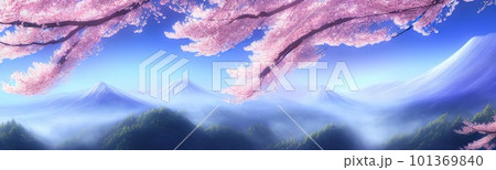 spring background in cartoon style. Pink and purple sakura, cherry, magnolia in bloom. Asian horizontal landscape with lake, hills, trees and flowers. Banner with copy space. 101369840