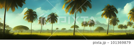 wild savanna landscape banner. Savannah, African wildlife with acacia trees, grass, sand. Africa landscape, African acacia tree 101369879