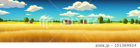 ears of wheat. Farm field. For package. Barley illustration in vintage style. Wheat grain. Summer landscape with a field of ripe wheat, hills and lobes in the background. Raster illustration. 101369934
