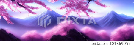 spring background in cartoon style. Pink and purple sakura, cherry, magnolia in bloom. Asian horizontal landscape with lake, hills, trees and flowers. Banner with copy space. 101369955