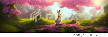 Cute little rabbit for easter spring holiday, spring holiday banner illustration. Nice rabbit sitting on the meadow grass grass. spring flower meadow 101370020