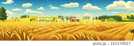 ears of wheat. Farm field. For package. Barley illustration in vintage style. Wheat grain. Summer landscape with a field of ripe wheat, hills and lobes in the background. Raster illustration. ears of wheat. Farm field. For package. Barley illustration in vintage style. Wheat grain. Summer landscape with a field of ripe wheat, hills and lobes in the background. Raster illustration. 101370027