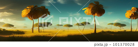 wild savanna landscape banner. Savannah, African wildlife with acacia trees, grass, sand. Africa landscape, African acacia tree 101370028