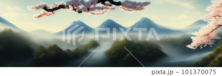 spring background in cartoon style. Pink and purple sakura, cherry, magnolia in bloom. Asian horizontal landscape with lake, hills, trees and flowers. Banner with copy space. 101370075