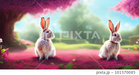 Cute little rabbit for easter spring holiday, spring holiday banner illustration. Nice rabbit sitting on the meadow grass grass. spring flower meadow 101370085