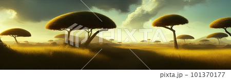 wild savanna landscape banner. Savannah, African wildlife with acacia trees, grass, sand. Africa landscape, African acacia tree 101370177