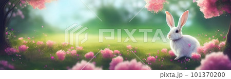 Cute little rabbit for easter spring holiday, spring holiday banner illustration. Nice rabbit sitting on the meadow grass grass. spring flower meadow 101370200