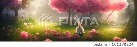 Cute little rabbit for easter spring holiday, spring holiday banner illustration. Nice rabbit sitting on the meadow grass grass. spring flower meadow 101370224