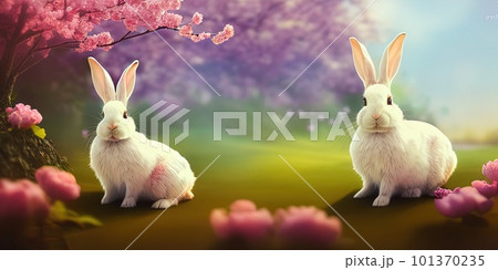 Cute little rabbit for easter spring holiday, spring holiday banner illustration. Nice rabbit sitting on the meadow grass grass. spring flower meadow 101370235