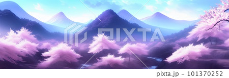 spring background in cartoon style. Pink and purple sakura, cherry, magnolia in bloom. Asian horizontal landscape with lake, hills, trees and flowers. Banner with copy space. 101370252