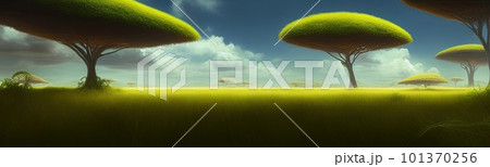 wild savanna landscape banner. Savannah, African wildlife with acacia trees, grass, sand. Africa landscape, African acacia tree 101370256