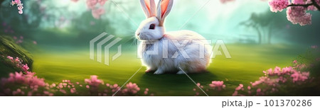 Cute little rabbit for easter spring holiday, spring holiday banner illustration. Nice rabbit sitting on the meadow grass grass. spring flower meadow 101370286