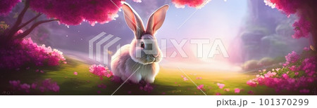 Cute little rabbit for easter spring holiday, spring holiday banner illustration. Nice rabbit sitting on the meadow grass grass. spring flower meadow 101370299