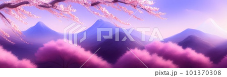 spring background in cartoon style. Pink and purple sakura, cherry, magnolia in bloom. Asian horizontal landscape with lake, hills, trees and flowers. Banner with copy space. 101370308