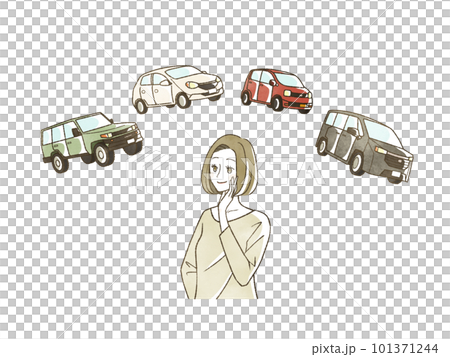 woman thinking about car woman thinking about car 101371244