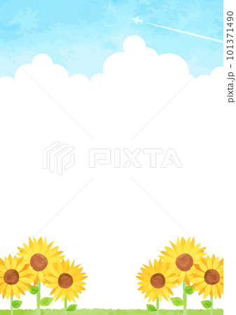 青空とひまわり畑と白い雲のある風景イラスト 101371490