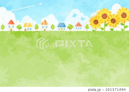 青空と入道雲とヒマワリが咲く夏の街並みの風景イラスト 青空と入道雲とヒマワリが咲く夏の街並みの風景イラスト 101371494