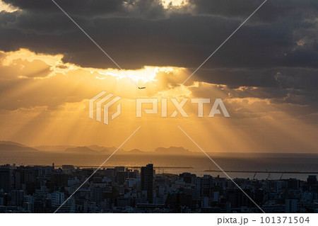 美しい夕焼けの街(沖縄県雨乞嶽展望台より) 101371504