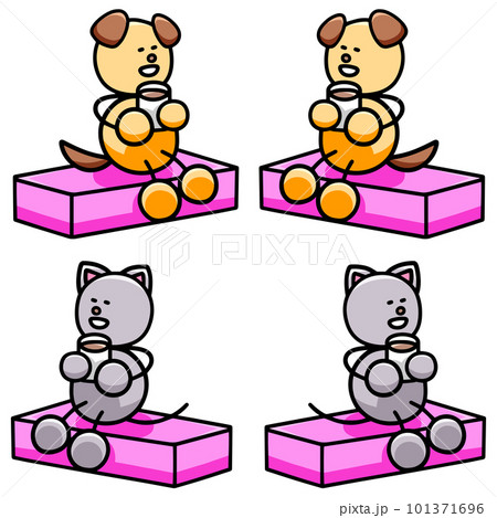 座って飲み物を飲むわんまるとにゃんまるのイラストセット　犬　猫 101371696