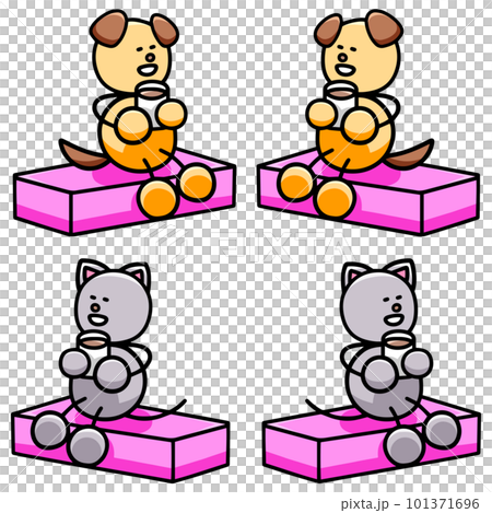 座って飲み物を飲むわんまるとにゃんまるのイラストセット　犬　猫 101371696