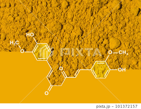 Organic Curcuma Powder with molecular structure, a bright yellow chemical produced by the turmeric plant. 101372157