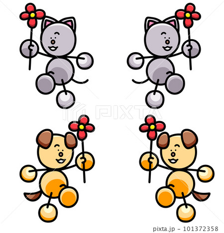 花を持ってスキップするわんまるとにゃんまるのイラストセット　犬　猫 101372358