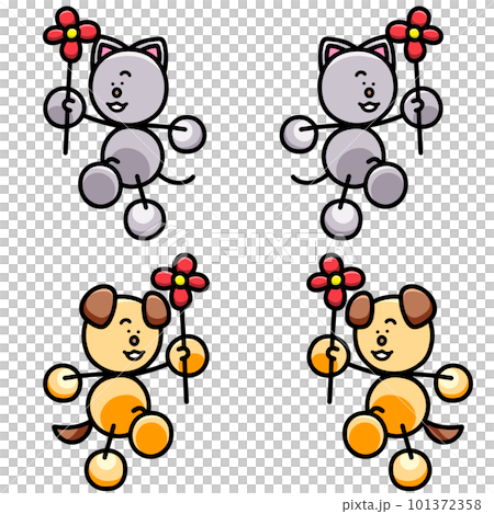 花を持ってスキップするわんまるとにゃんまるのイラストセット　犬　猫 101372358