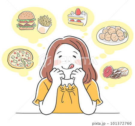 好きな食べ物を想像して幸せそうな表情の女性のイラスト素材 好きな食べ物を想像して幸せそうな表情の女性のイラスト素材 101372760