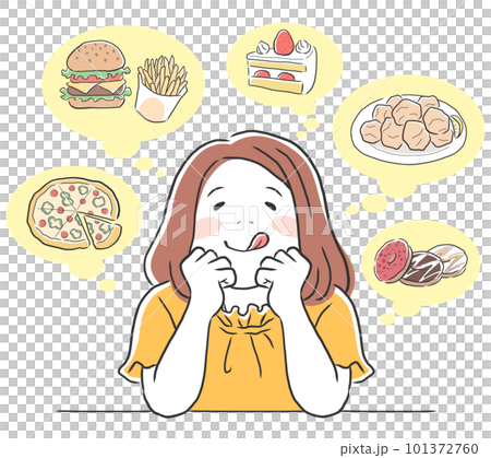 好きな食べ物を想像して幸せそうな表情の女性のイラスト素材 好きな食べ物を想像して幸せそうな表情の女性のイラスト素材 101372760