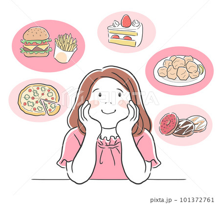 好きな食べ物を考えるぽっちゃりした女性のイラスト素材 好きな食べ物を考えるぽっちゃりした女性のイラスト素材 101372761