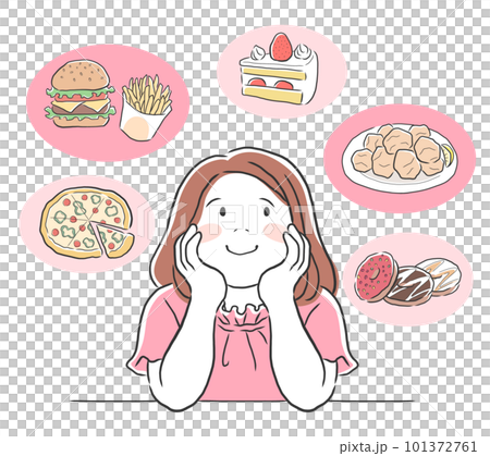 好きな食べ物を考えるぽっちゃりした女性のイラスト素材 好きな食べ物を考えるぽっちゃりした女性のイラスト素材 101372761