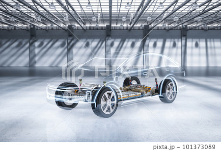 Ev car or electric vehicle with pack of battery cells on platform Ev car or electric vehicle with pack of battery cells on platform 101373089