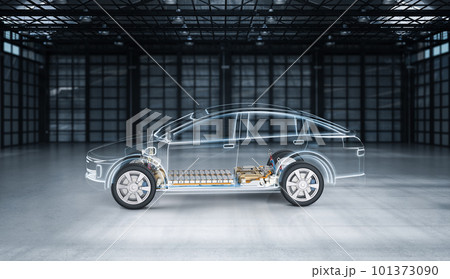 Ev car or electric vehicle with pack of battery cells on platform 101373090