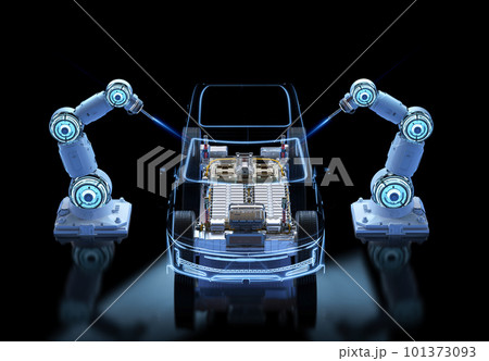 Robot assembly line with electric car battery cells module on platform 101373093