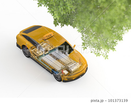 Yellow ev taxi or electric vehicle with pack of battery cells module 101373139