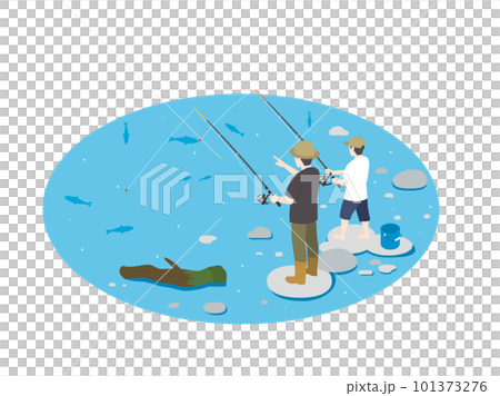 Illustration of parent and child fishing in the river isometric 101373276