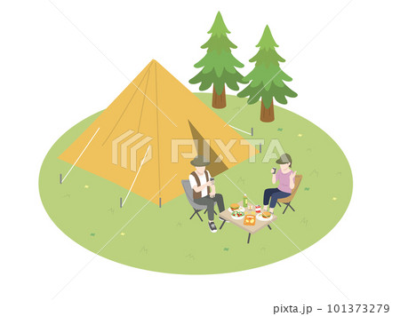 キャンプをするカップルのイラスト アイソメトリック キャンプをするカップルのイラスト アイソメトリック 101373279
