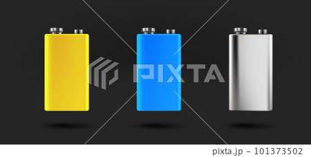 Different 9v batteries icons collection. 3d vector isolated on black background Different 9v batteries icons collection. 3d vector isolated on black background 101373502