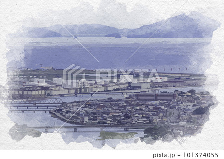 水彩画風 岩国 錦川と岩国錦帯橋空港 山口県岩国市 水彩画風 岩国 錦川と岩国錦帯橋空港 山口県岩国市 101374055